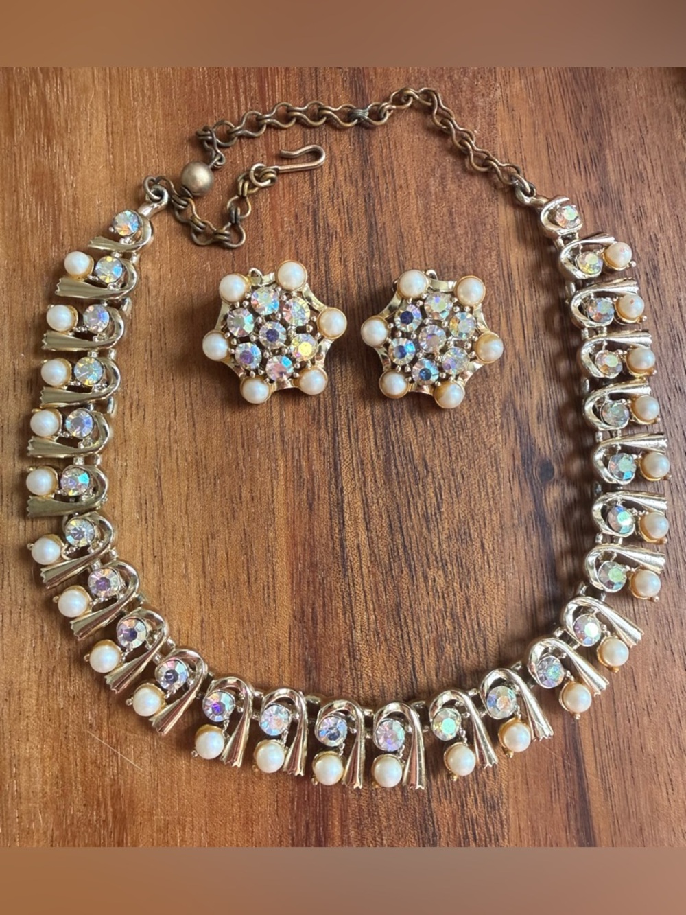 Vintage BSK Gold Aurora Borealis Rhinestone Faux Pearl Necklace with Earrings